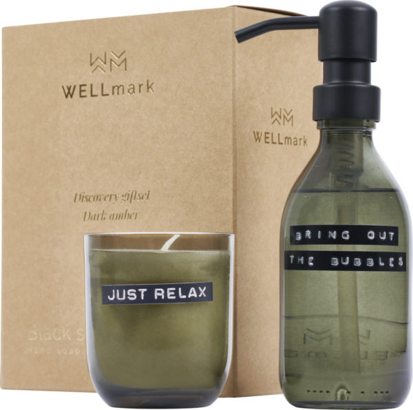 Dispensador de jabón de manos de 200 ml y juego de velas aromáticas de 150 g con fragancia de ámbar oscuro "Wellmark Discover - Verde bosque - Imagen 2
